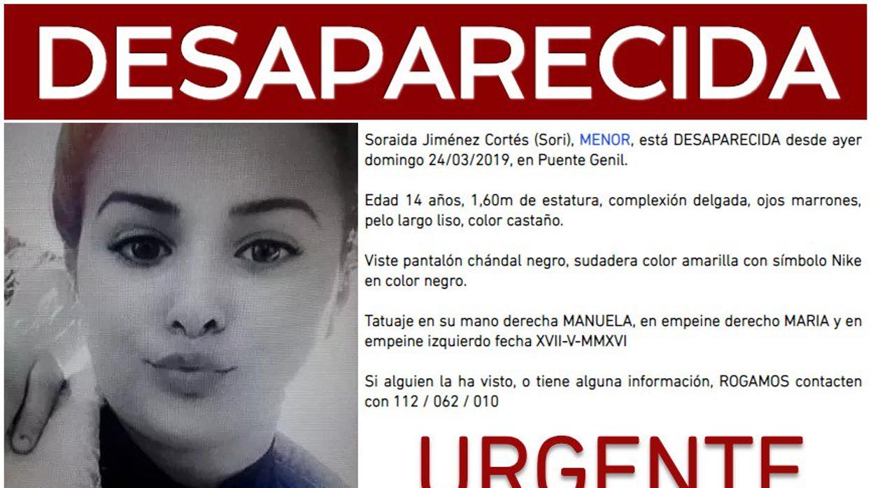 Aviso difundido por las Fuerzas de Seguridad con la desaparición de la menor