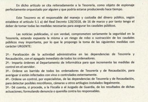 Estracto del documento remitido por el tesorero