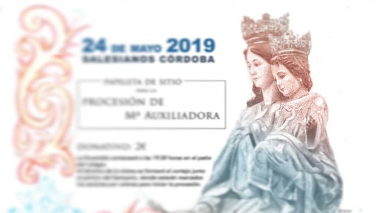 Papeleta de sitio para la procesión de María Auxiliadora coronada de Córdoba