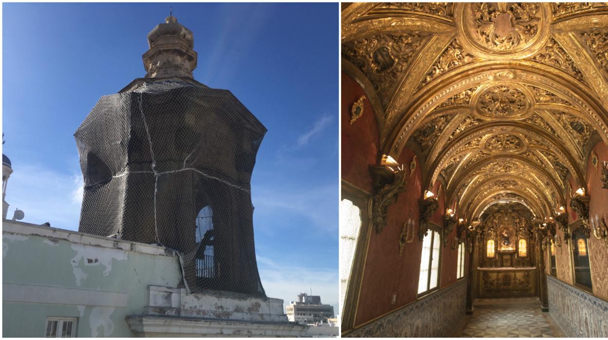 La torre de la iglesia, protegida tras el desprendimiento que se produjo el Jueves Santo, y a la derecha el acceso a la capilla del Sagrario.