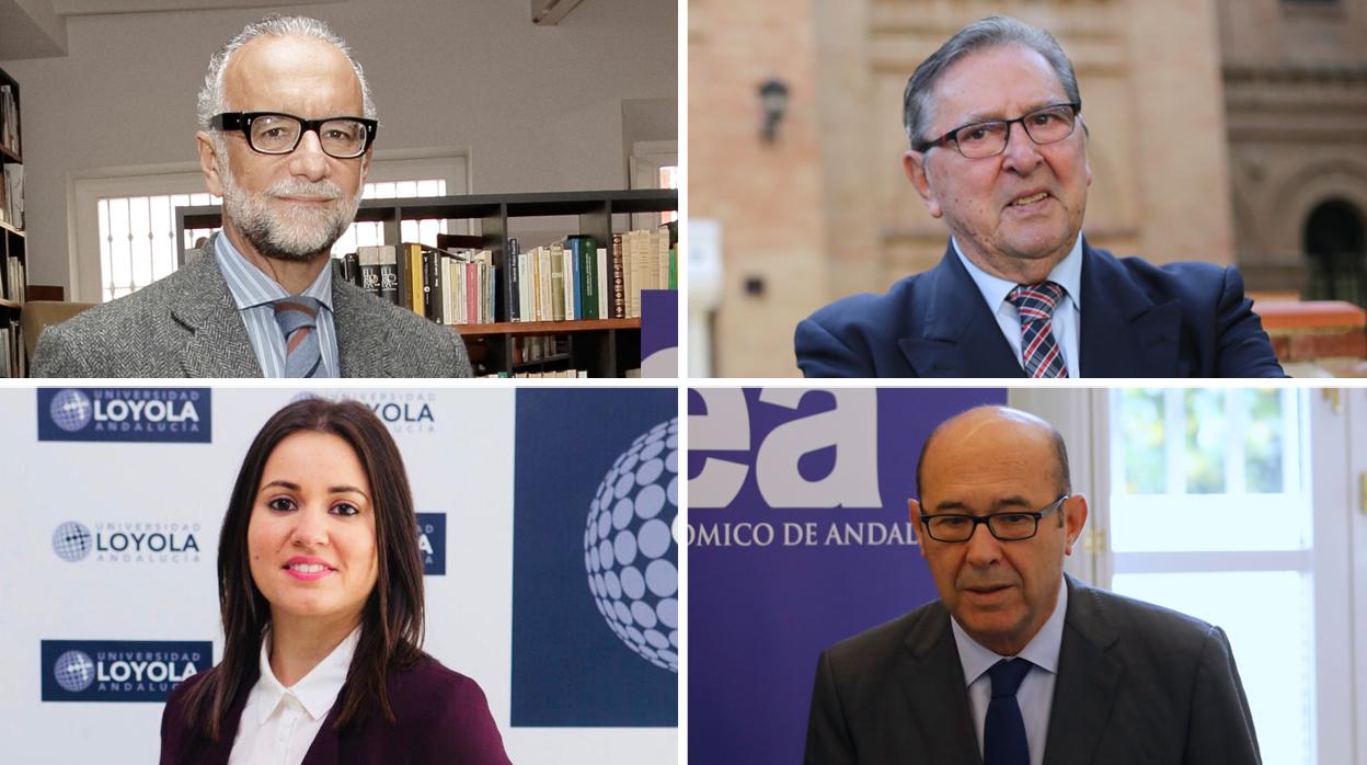 José María O'Kean, catedrático de Economía Aplicada; Fernando Faces, profesor de San Telmo Business School; Carmen Delgado, profesora de Economía en Loyola y Francisco Ferraro, catedrático de Economía (de arriba a abajo y de izquierda a derecha)