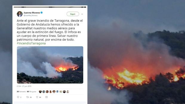 Juanma Moreno ofrece medios aéreos andaluces para luchar contra el incendio de Tarragona