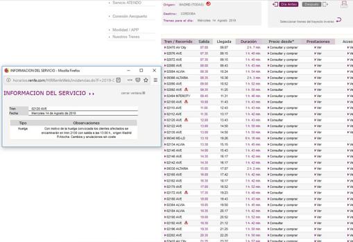 Página web de renfe donde aparecen marcados los trenes afectados por los paros