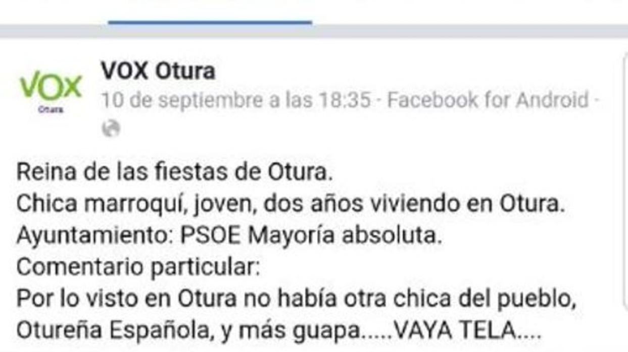 El comentario, ya borrado, de Vox Otura sobre la reina de las fiestas del pueblo granadino.