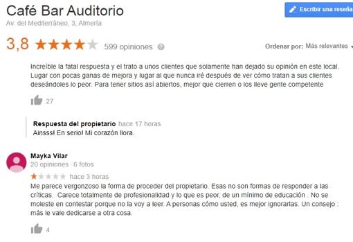 Captura de pantalla de las opiniones en Google