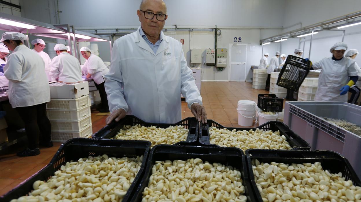 Manuel Vaquero, gerente de La Abuela Carmen, con varias cajas de ajos de su empresa