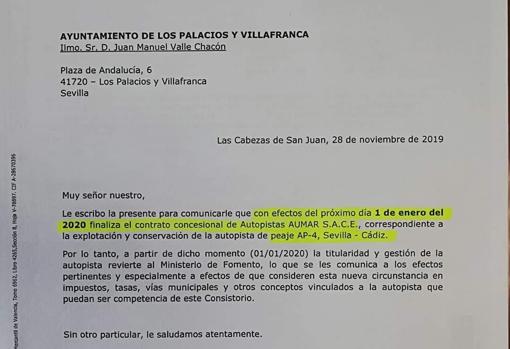 Carta enviada por la concesionaria a los ayuntamientos