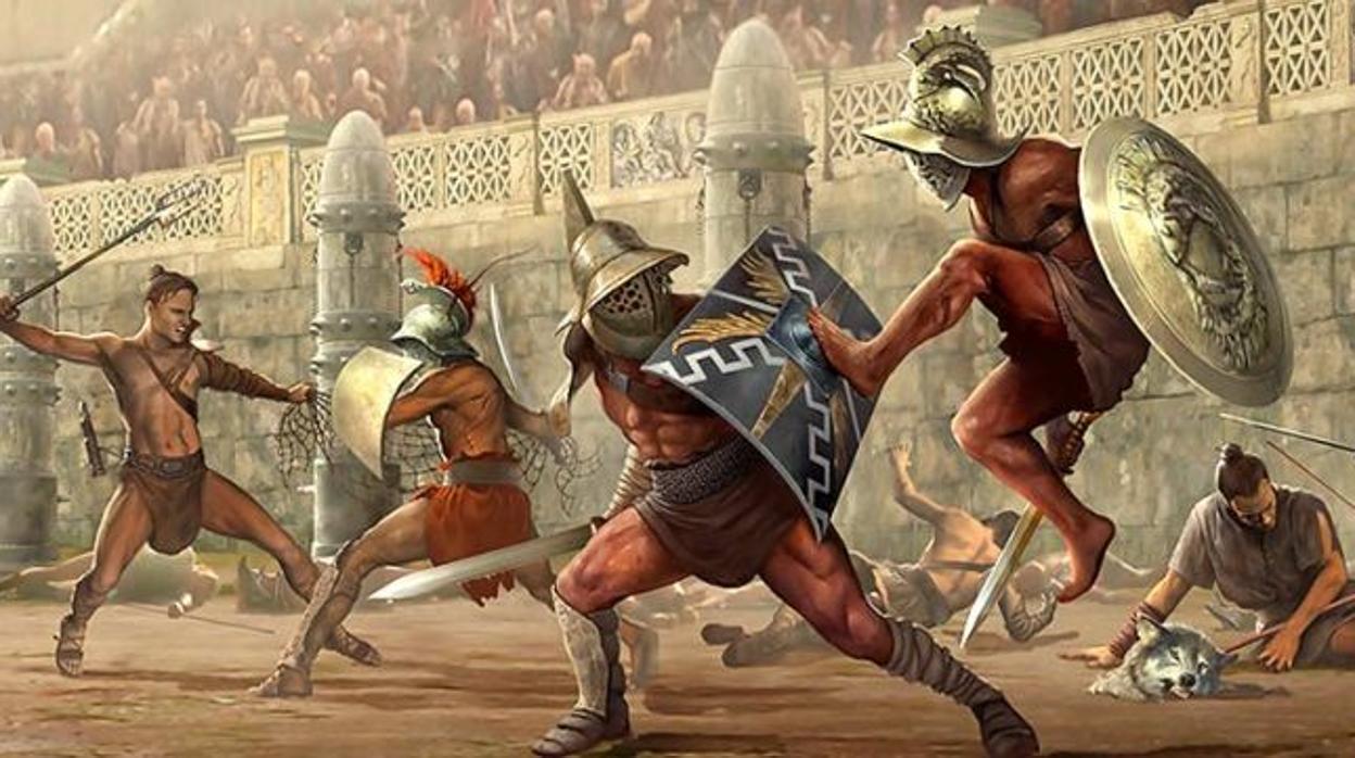 Pintura que recrea la lucha entre gladiadores romanos