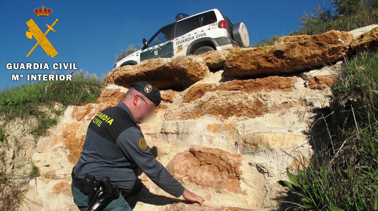 Un agente de la Guardia Civil en el yacimiento dañado