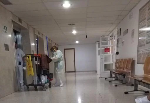 Una empleada limpia un ascensor en junto a la Unidad de Neumología del Reina Sofía