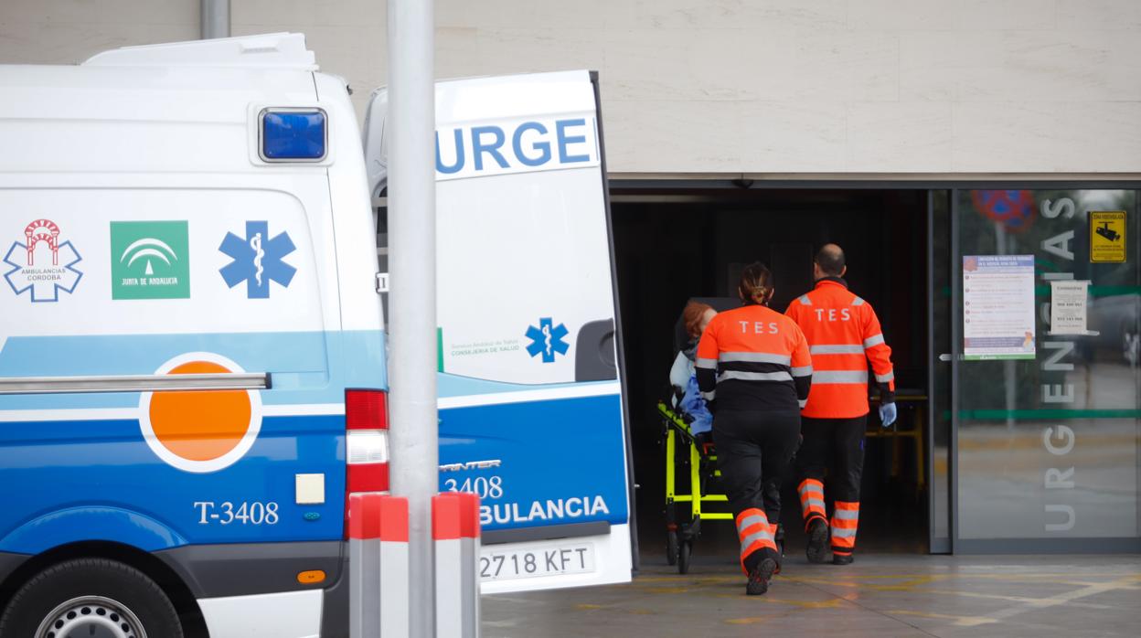 Asistencias sanitarias introducen a un paciente en camilla en el Hospital Reina Sofía de Córdoba