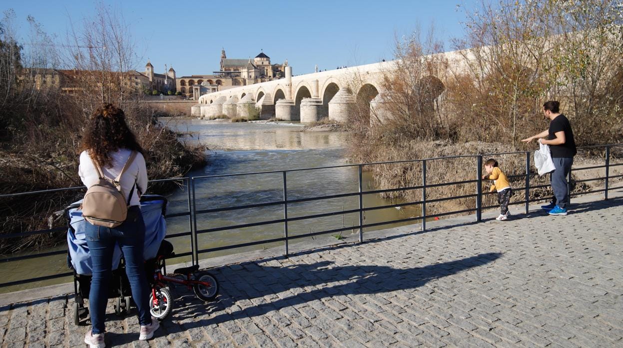 Dos adultos pasean con sus niños junto al río Guadalquivir en un día soleado en Córdoba