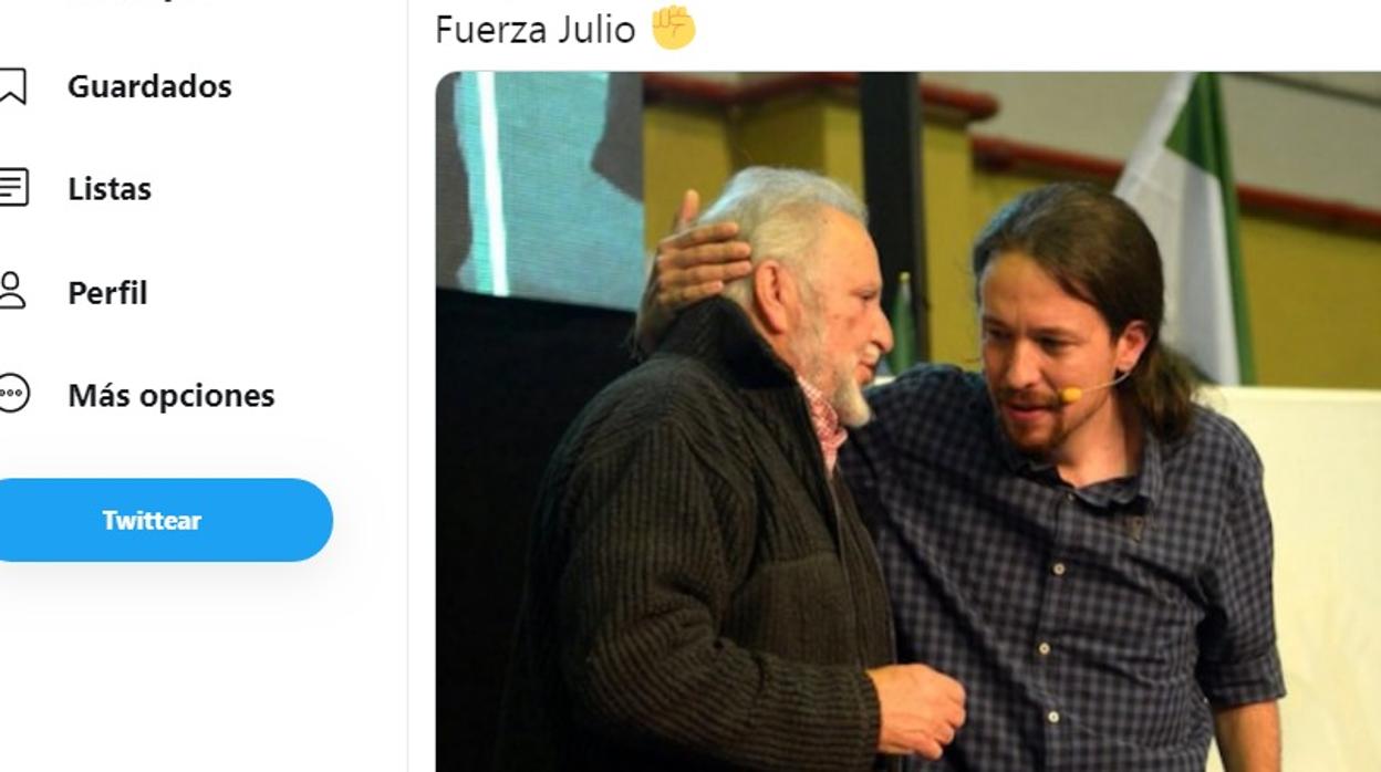 Imagen colgada en twitter por Pablo Iglesias dándole ánimos al ex dirigente de IU Julio Anguita