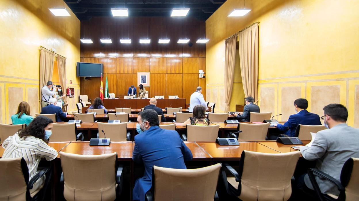 Imagen de la comisión de reconstrucción en el Parlamento antes del plantón de PSOE y Adelante Andalucía