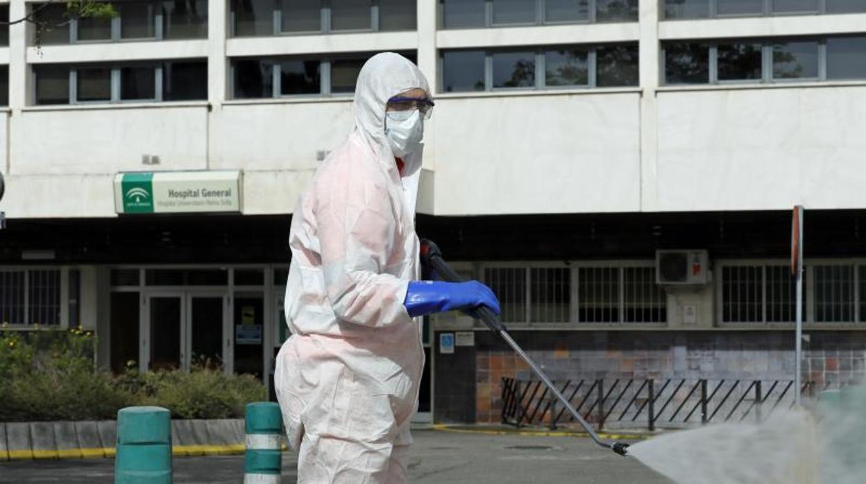 Un trabajdor en tareas de desinfección en el hospital Reina Sofía, en una imagen de archivo