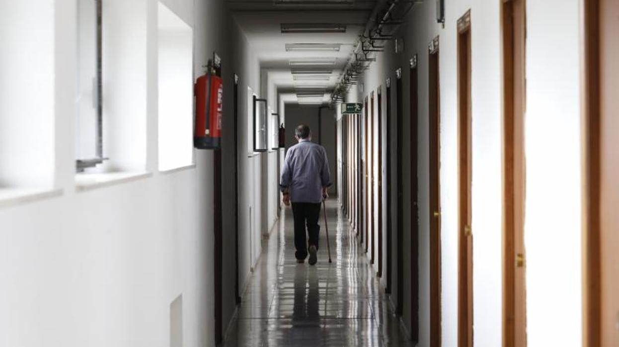 Un interno del albergue camina por los pasillos del colegio mayor Séneca