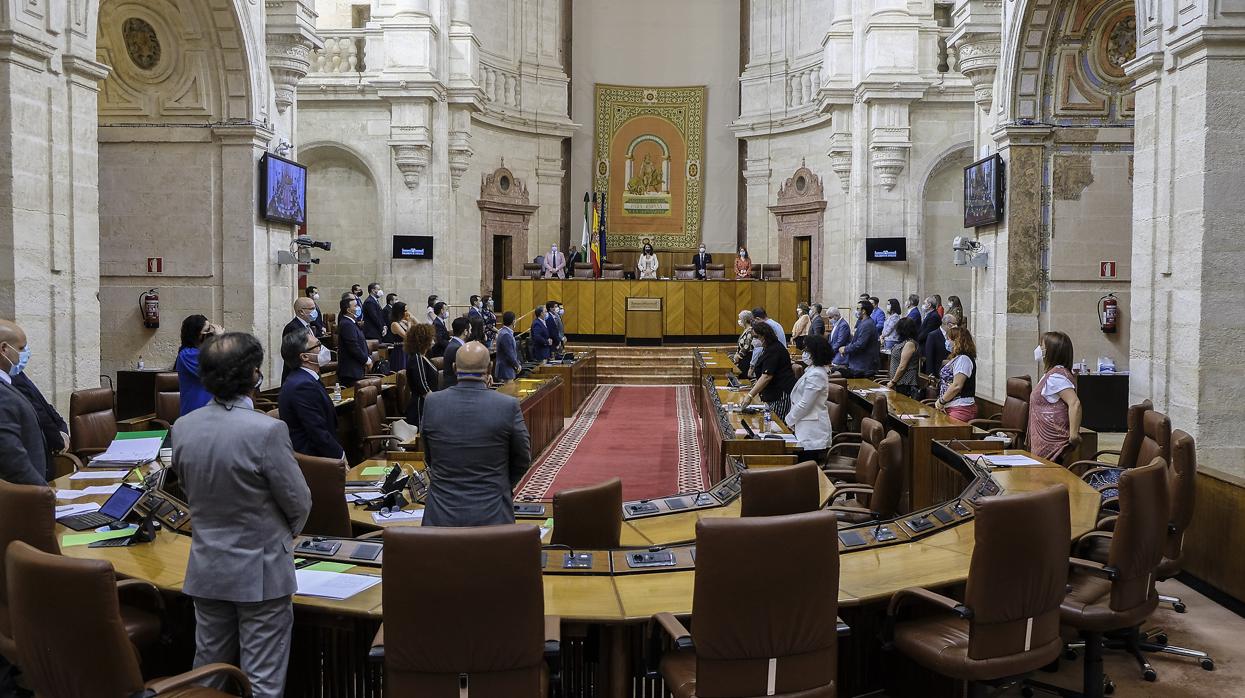 Diputados del Parlamento andaluz guardando un minuto de silencio por las víctimas del coronavirus