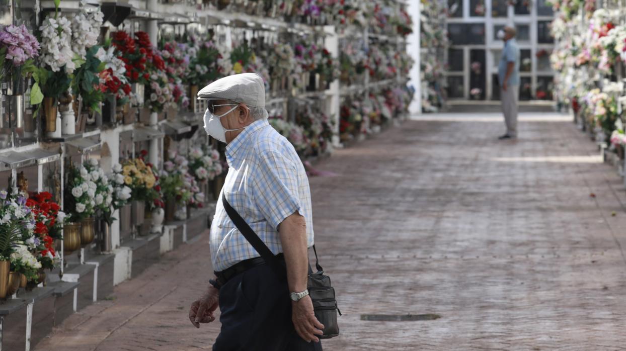 Un hombre con mascarilla camina por el cementerio de San Rafael