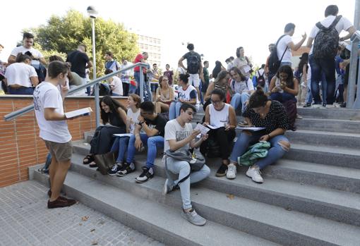 Un grupo de estudiantes dan el último repaso antes de una prueba de Selectividad en Córdoba