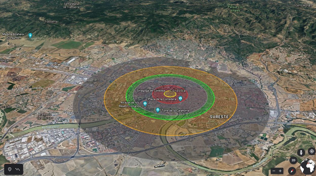 Recreación del impacto de «Little Boy» sobre una imagen de Google Maps de Córdoba