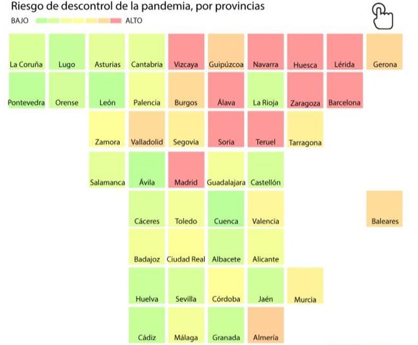 Mapa del riesgo de descontrol de la pandemia en España