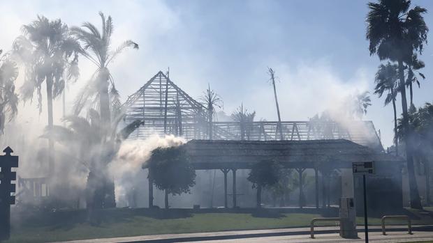 Un bombero herido en el incendio que calcinó un centro comercial junto a la playa en Estepona