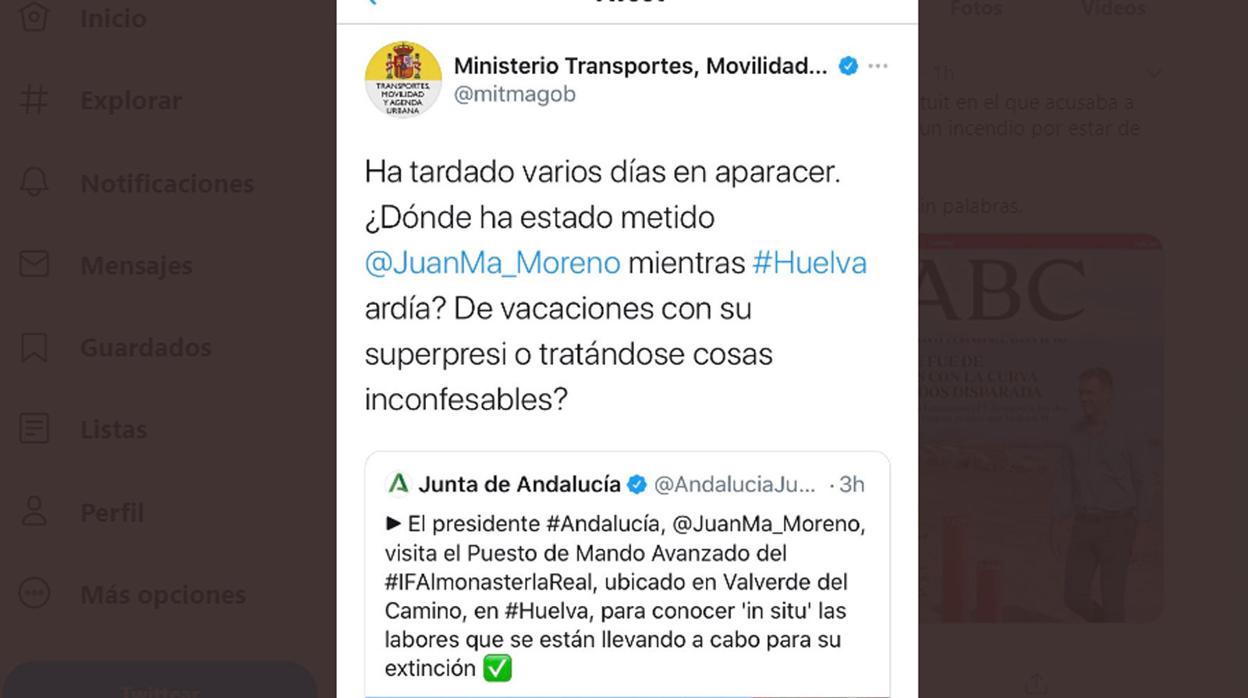 El tuit que Barrachina acusa al Ministerio de publicar contra Moreno