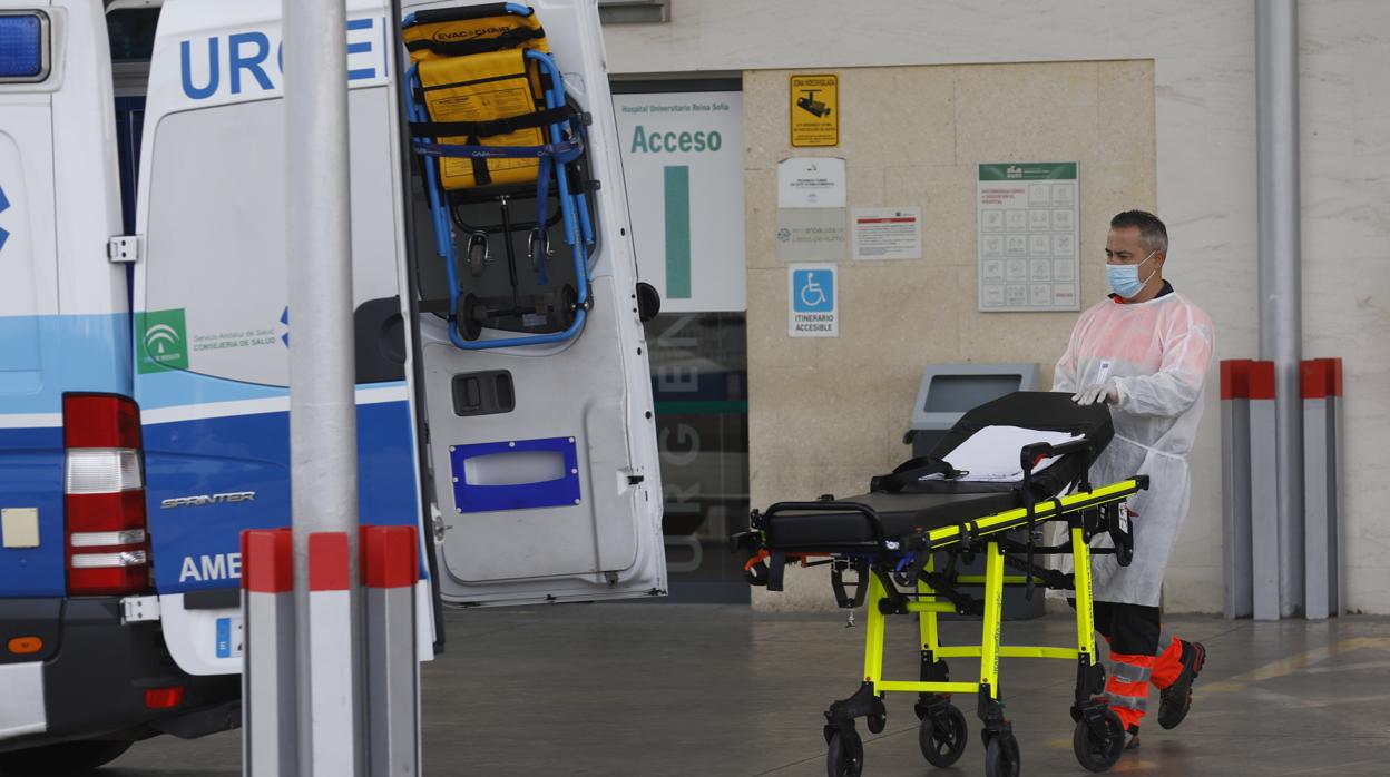 Un sanitario lleva una camilla hacia una ambulancia en las Urgencias del Hospital Reina Sofía de Córdoba