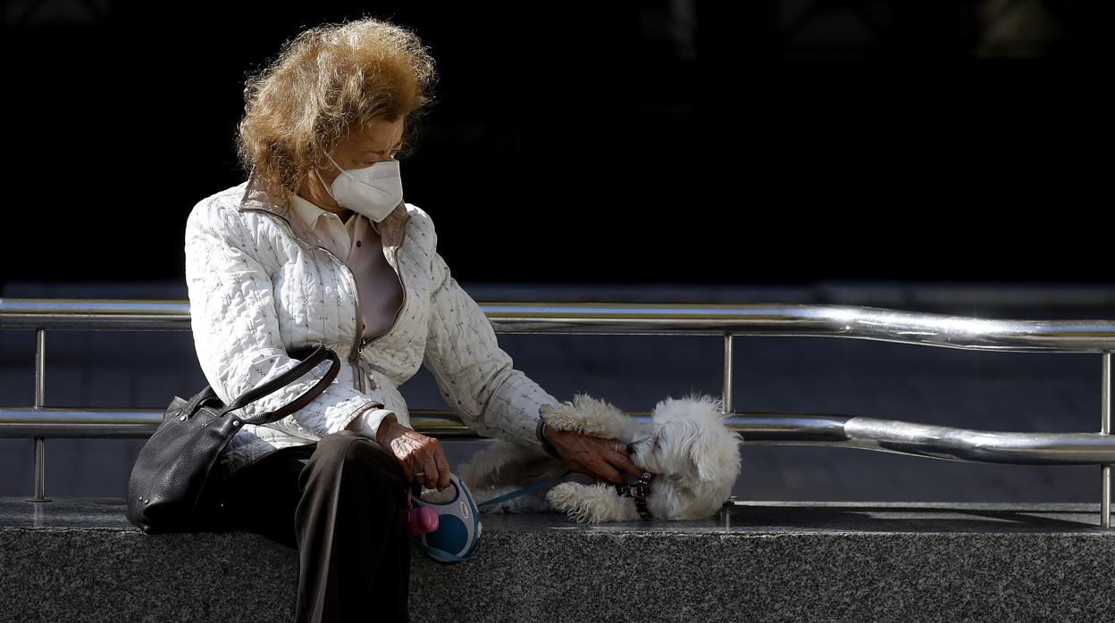 Unna mujer juega con su perro en un banco del bulevar de Gran Capitán