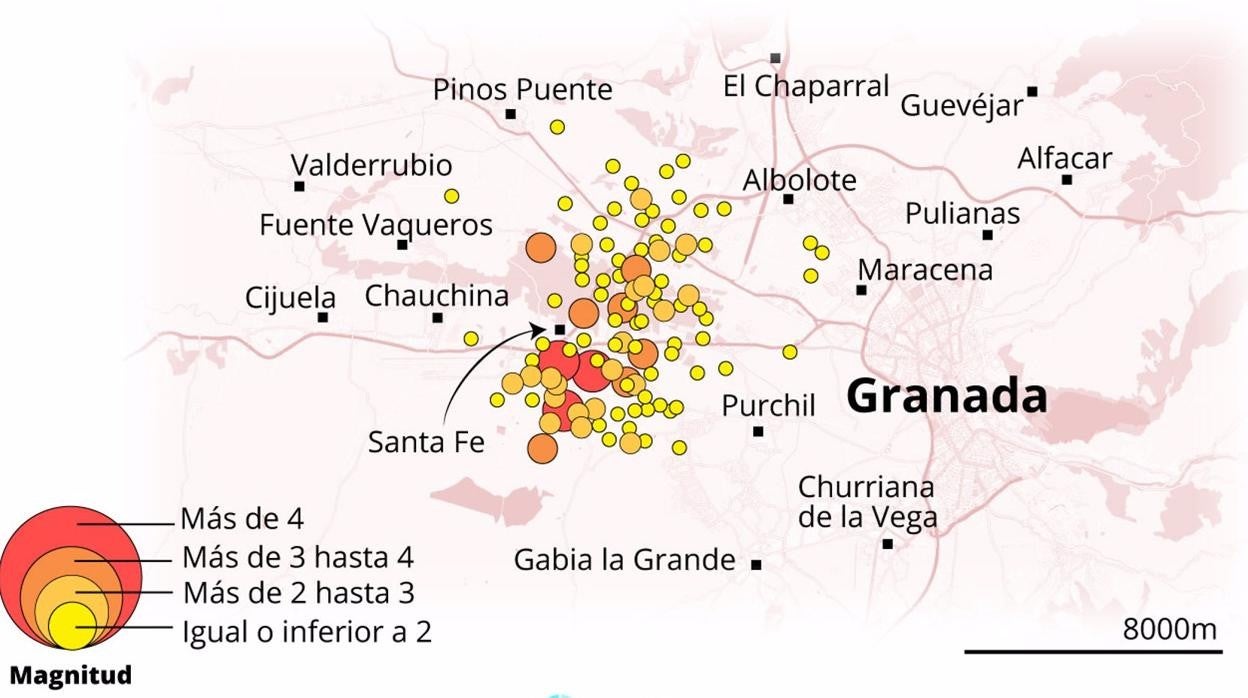 Mapa de los terremotos registrados en Granada en los tres últimos días