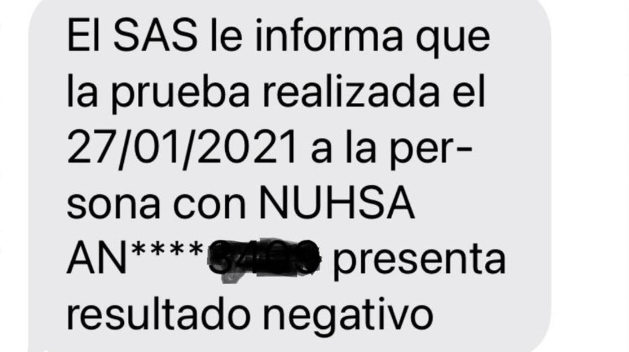 Pantallazo del móvil de un lucentino que recibió el resultado de una prueba a la que no se sometió