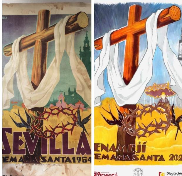 Un cartel de la Semana Santa de Sevilla y otro de Benamejí: parecidos más que razonables