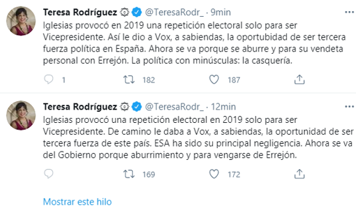 Teresa Rodríguez ataca a Pablo Iglesias al presentarse por Madrid: «Se va del Gobierno para vengarse de Errejón»