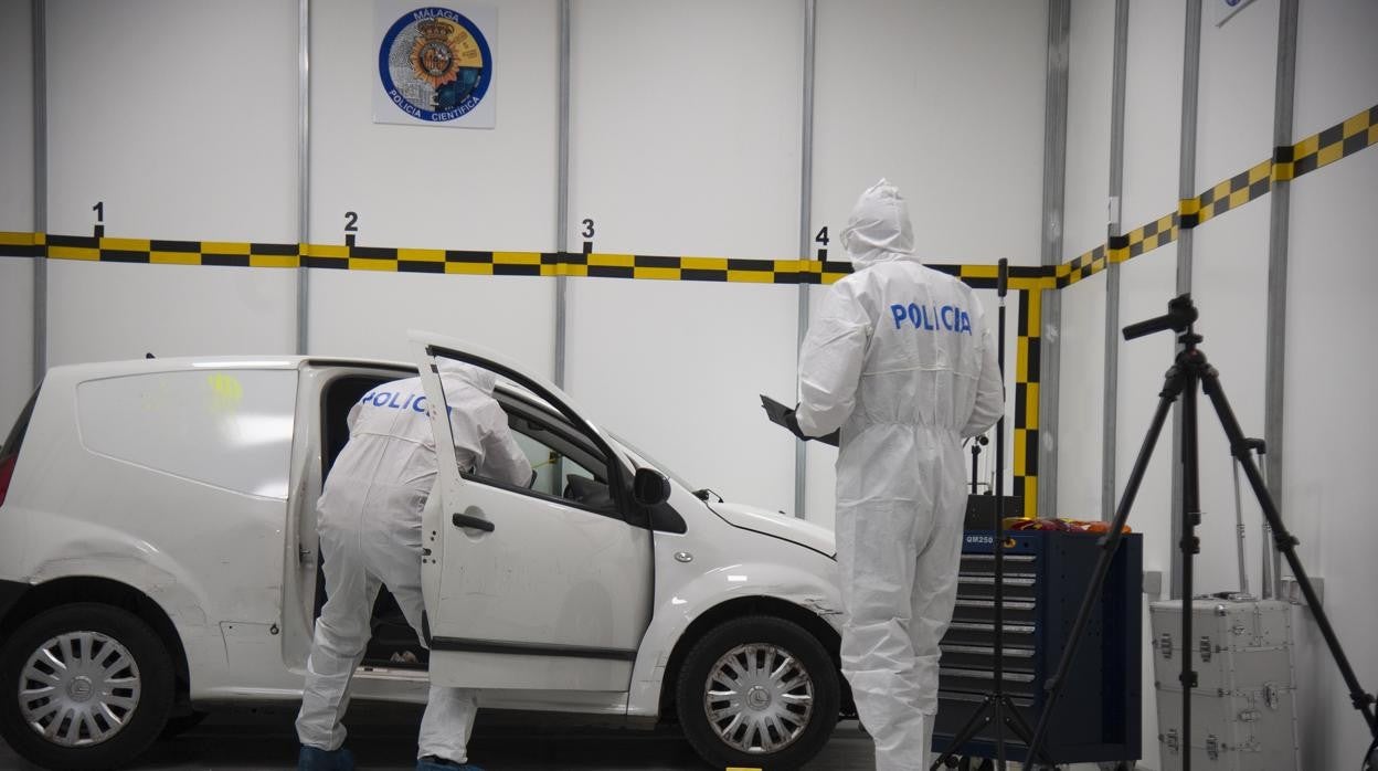 Dos agentes analizan un coche dentro de la cámara