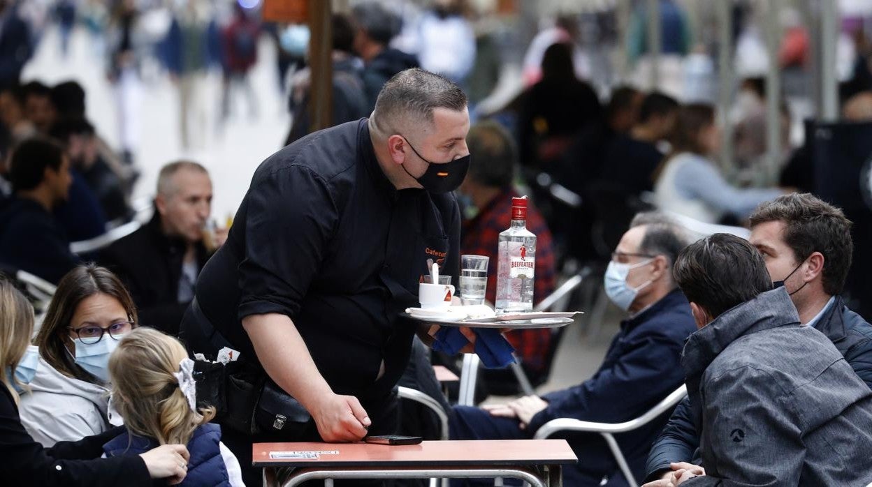 Un camarero atiende la mesa de una terraza en un bar del Centro de Córdoba