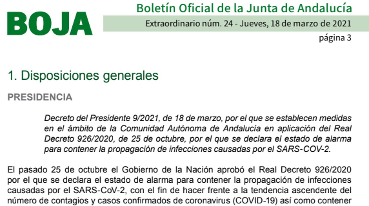 Así es el BOJA que establece las nuevas medidas contra el Covid en Andalucía desde este viernes 19 de marzo
