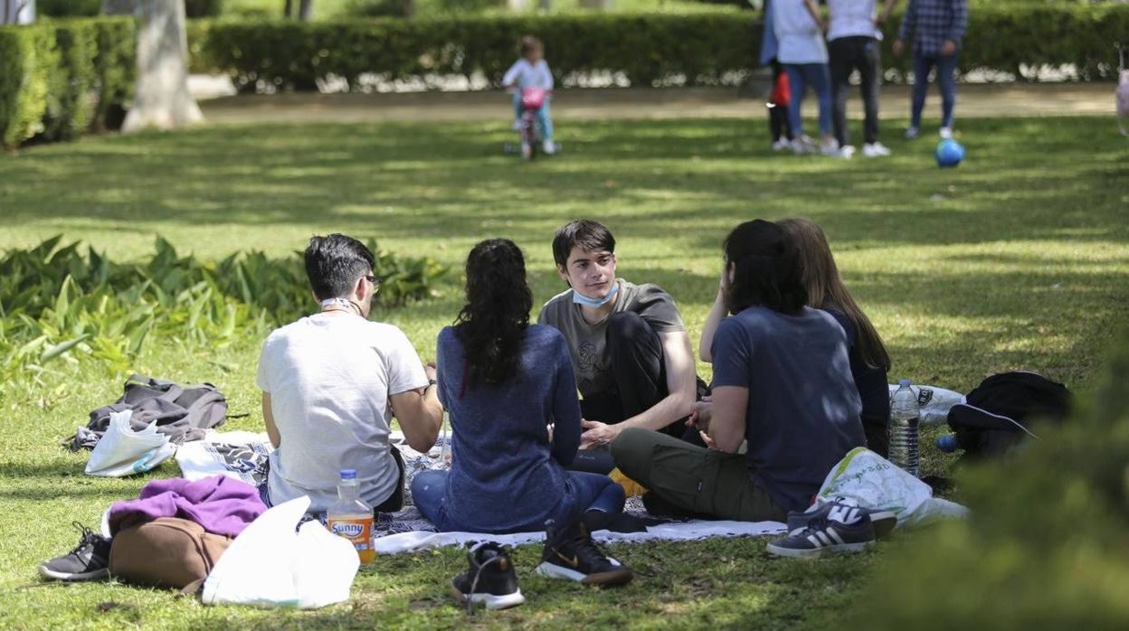 Un grupo de jóvenes se reúne en el parque María Luisa de Sevilla