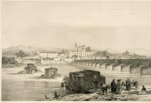 La Mezquita-Catedral de Cordoba junto al río Guadalquivir y al puente romano. Girault de Prangey (dib.) Villemin (lit.): Monuments arabes et moresques de Cordoue… (París, 1839)