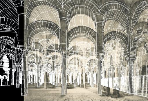 Perspectiva lateral del bosque de columnas de Girault de Prangey, superpuesta con el modelo digital 3D del estado actual
