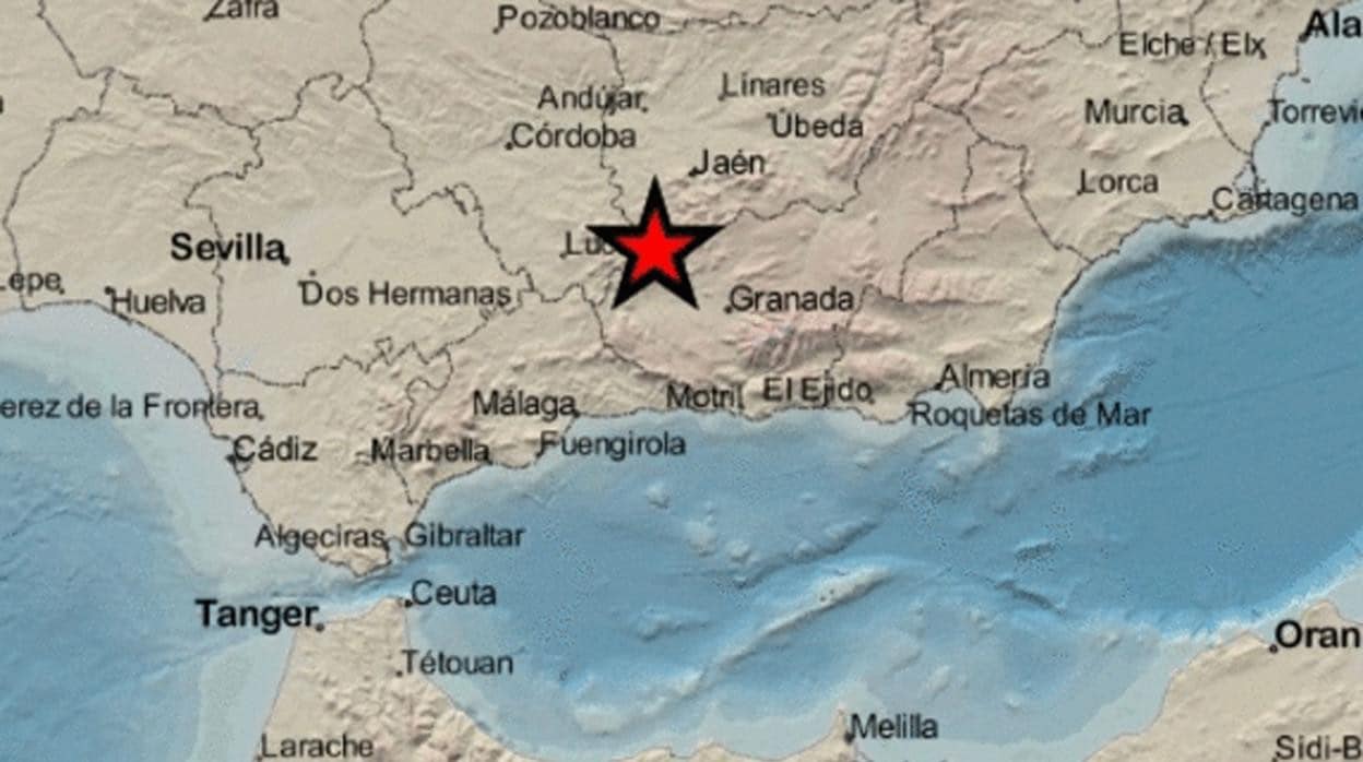 La estrella marca el epicentro del temblor sentido en Jaén