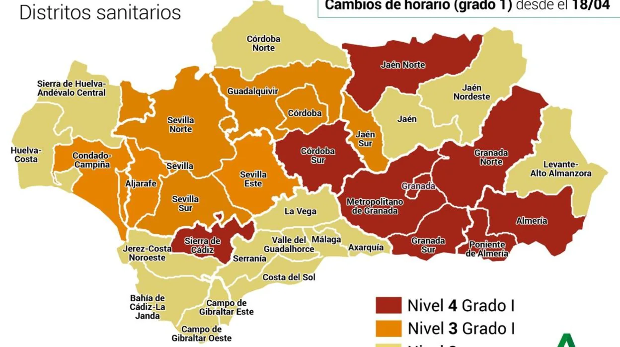 Mapa de los niveles de alerta en los distritos sanitarios de Andalucía
