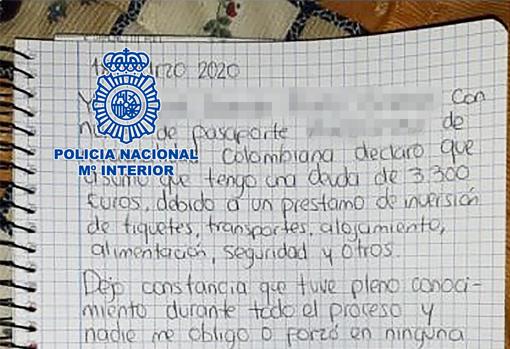 Carta de una joven colombiana reconociendo su deuda a sus captores