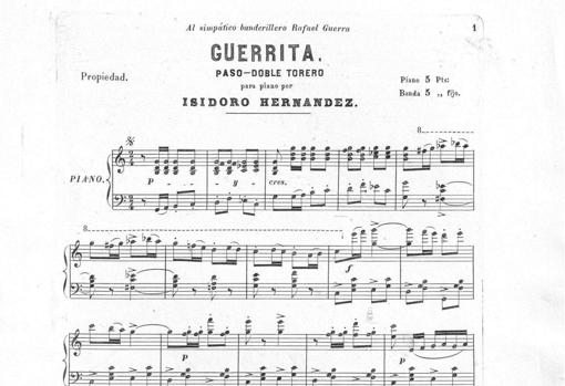 Comienzo de la partitura del pasodoble 'Guerrita'