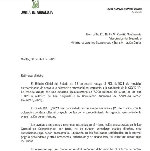 Carta enviada en abril de 2021 por el presidente de la Junta al Gobierno de Pedro Sánchez advirtiéndole de las deficiencias del decreto que regulas las ayudas Covid para pymes y autónomos