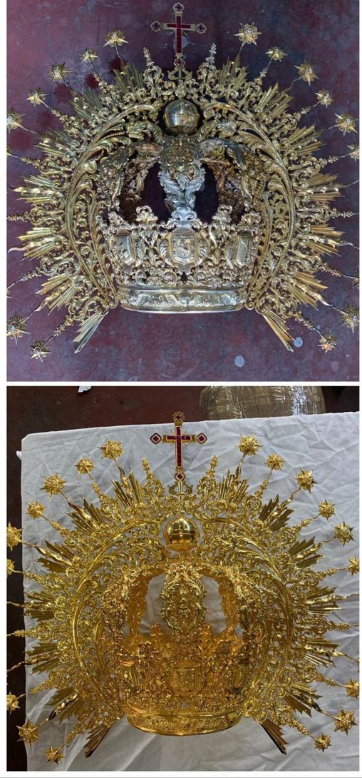 La corona de salida, antes y después de la restauración