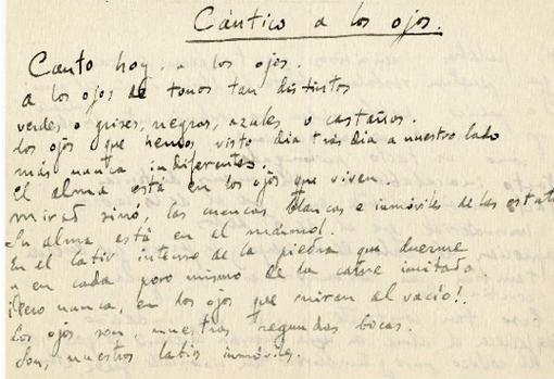 Manuscrito del poema 'Cántico a los ojos', conservado en la Biblioteca Nacional