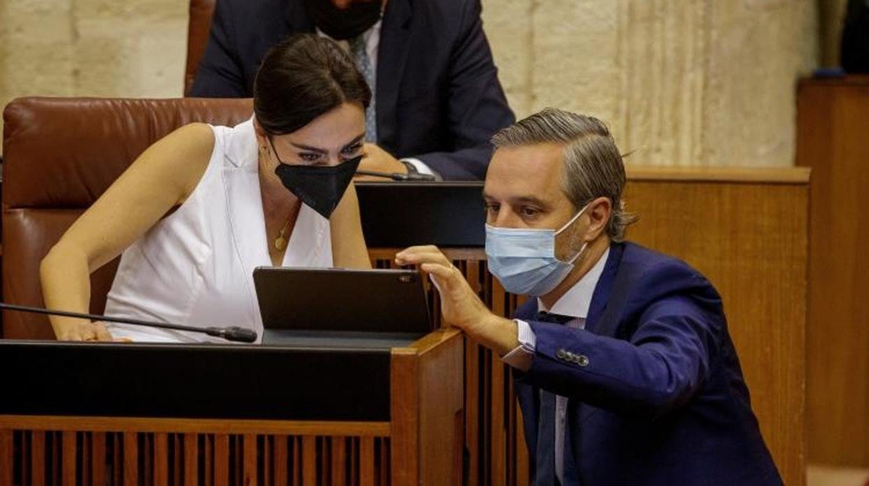 El consejero de Hacienda, Juan Bravo, comenta datos con la portavoz de Ciudadanos, Teresa Pardo, en el Parlamento