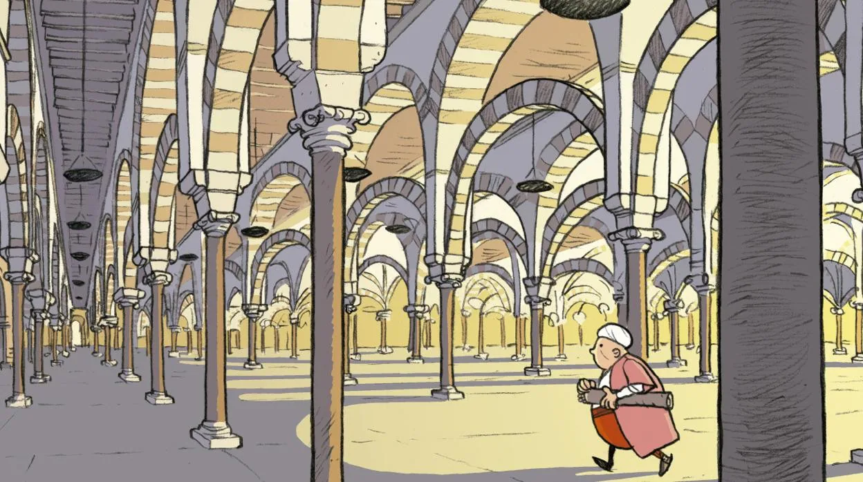 El bibilotecario Tarid, uno de los protagonistas de la obra, en la Mezquita de Córdoba