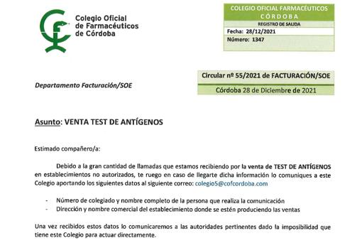 Carta remitida por el Colegio de Farmacéuticos a los profesionales