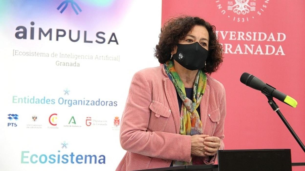 La rectora de la Universidad de Granada, Pilar Aranda, durante el acto de presentación de este miércoles